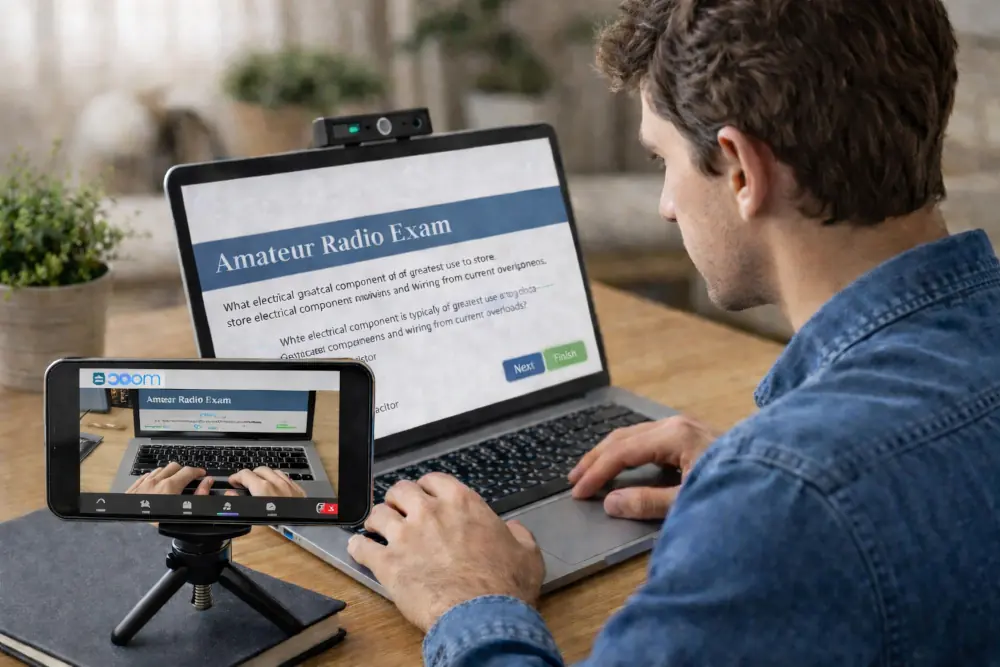 Candidate using a laptop and second camera view for an online amateur radio exam session.