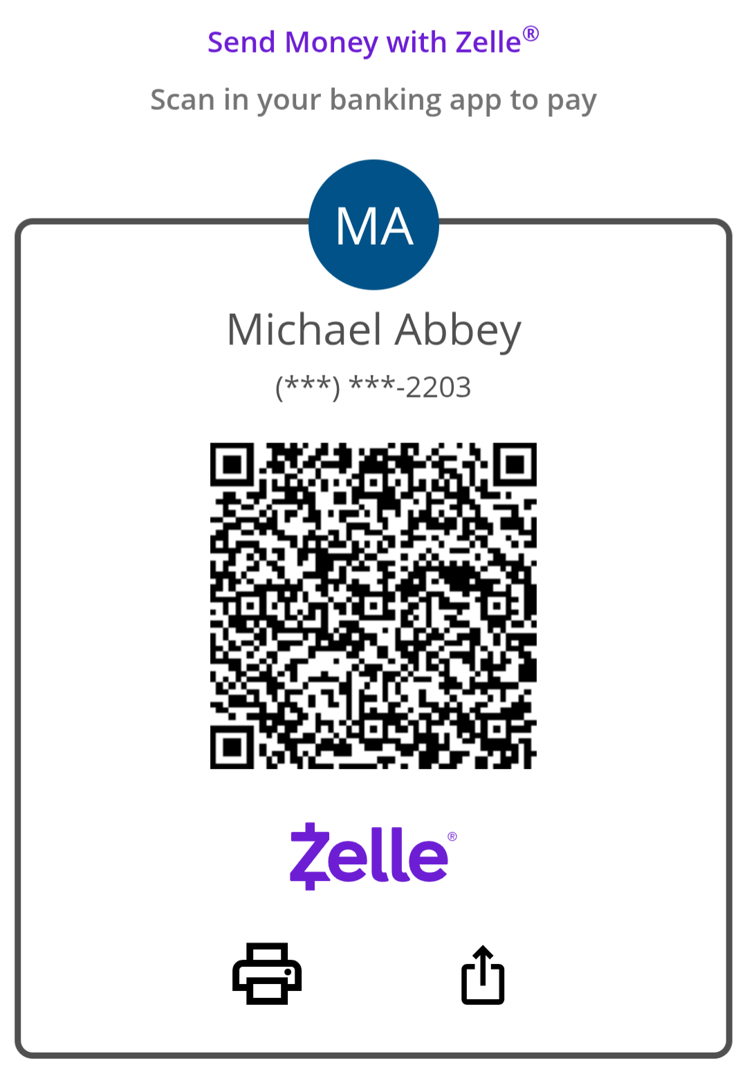 Zelle QR code for WEARC online exam payment